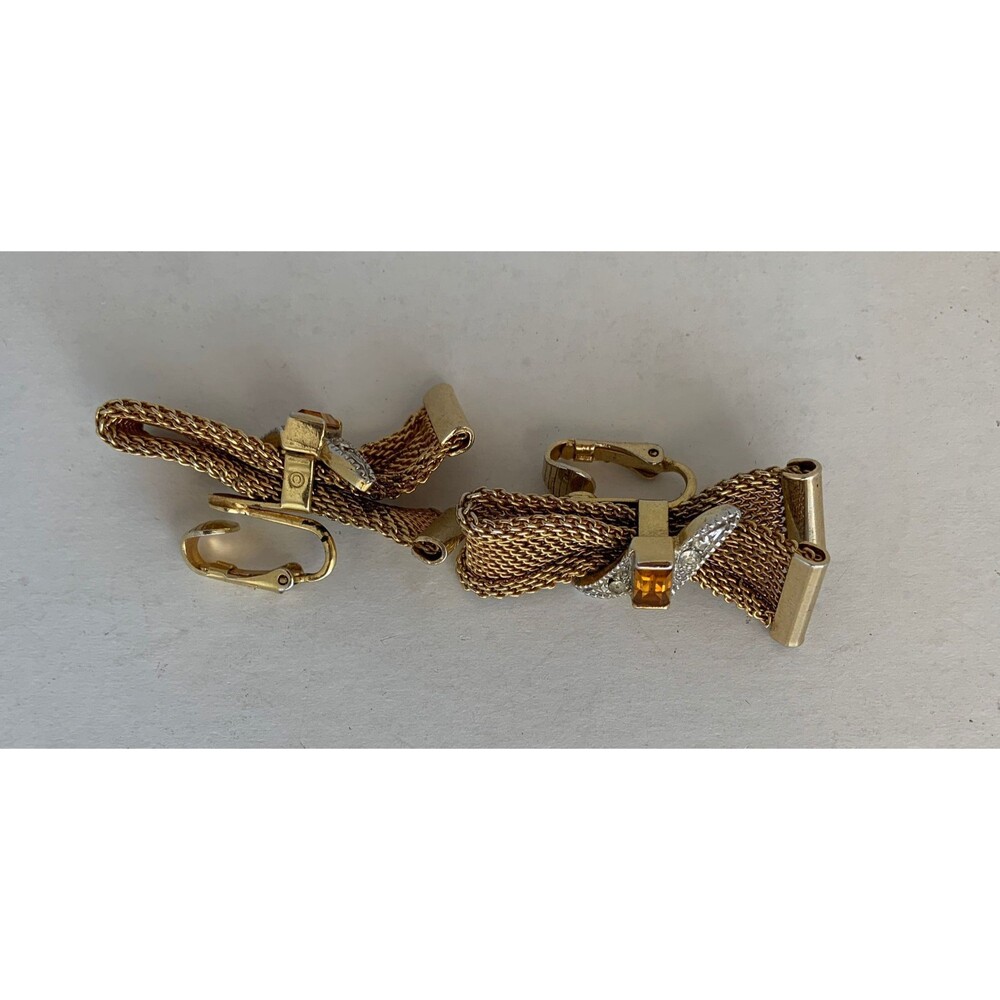 Emmons Mesh clip Earrings with Topaz Rhinestones Mid Century Vintage